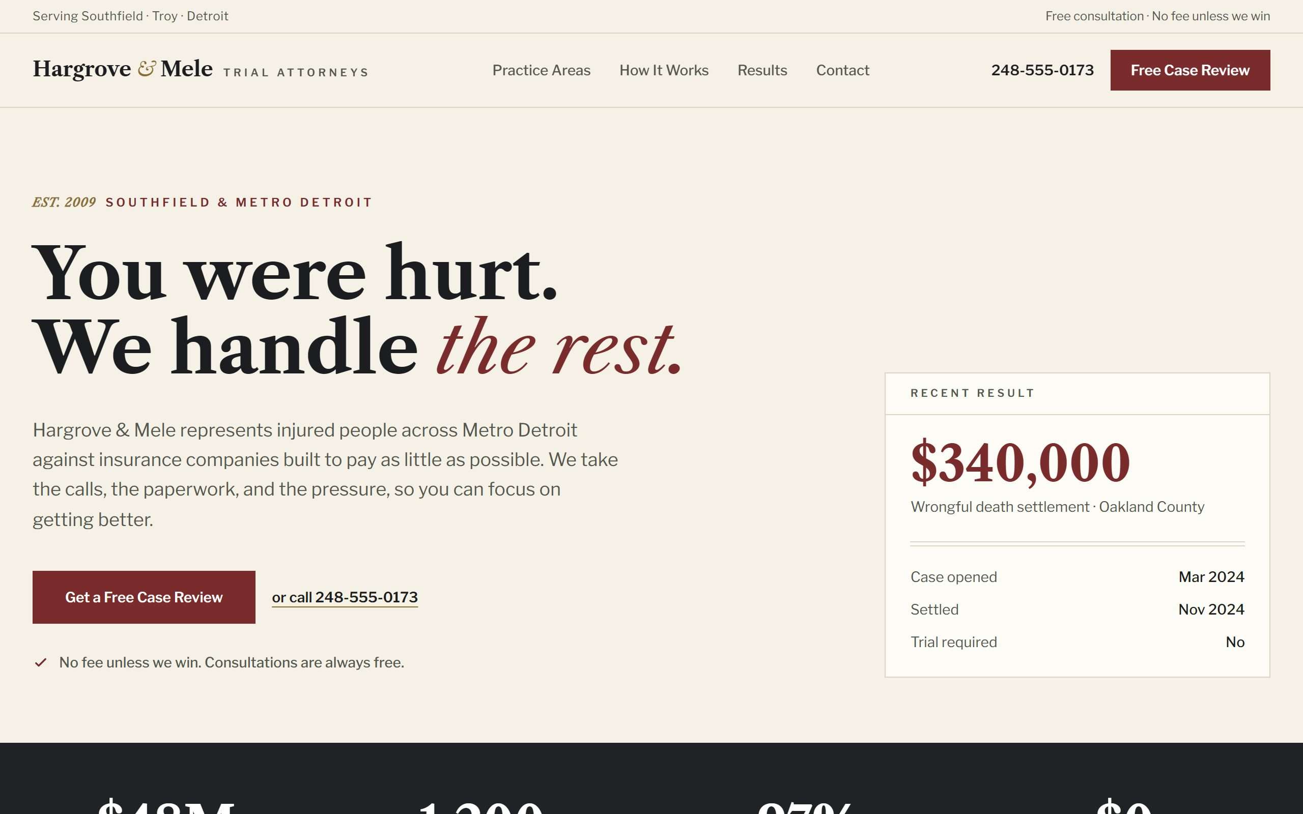 Homepage of Hargrove & Mele Law, an example personal injury law website built by ClearSite